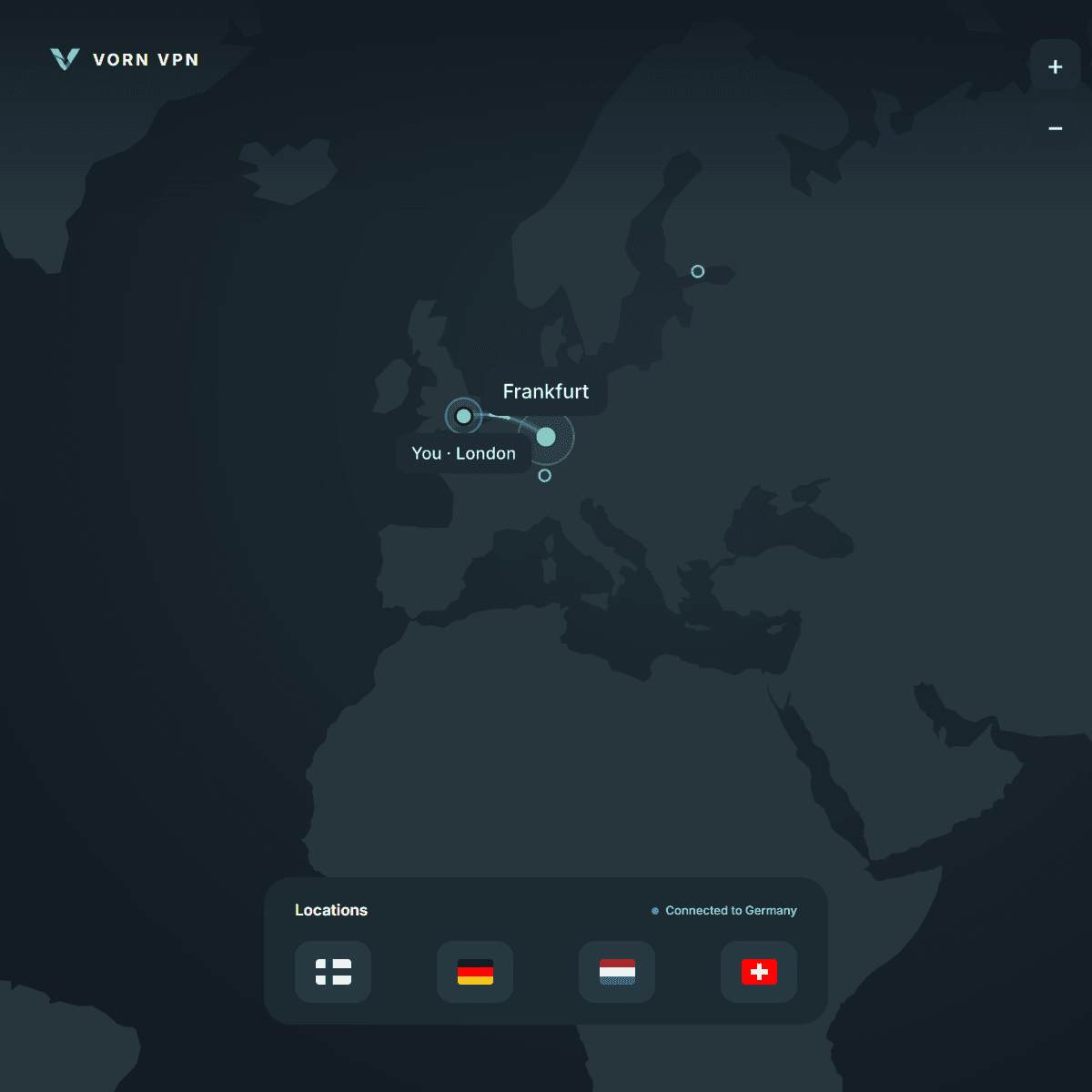 Vorn VPN map showing an example connection and available locations