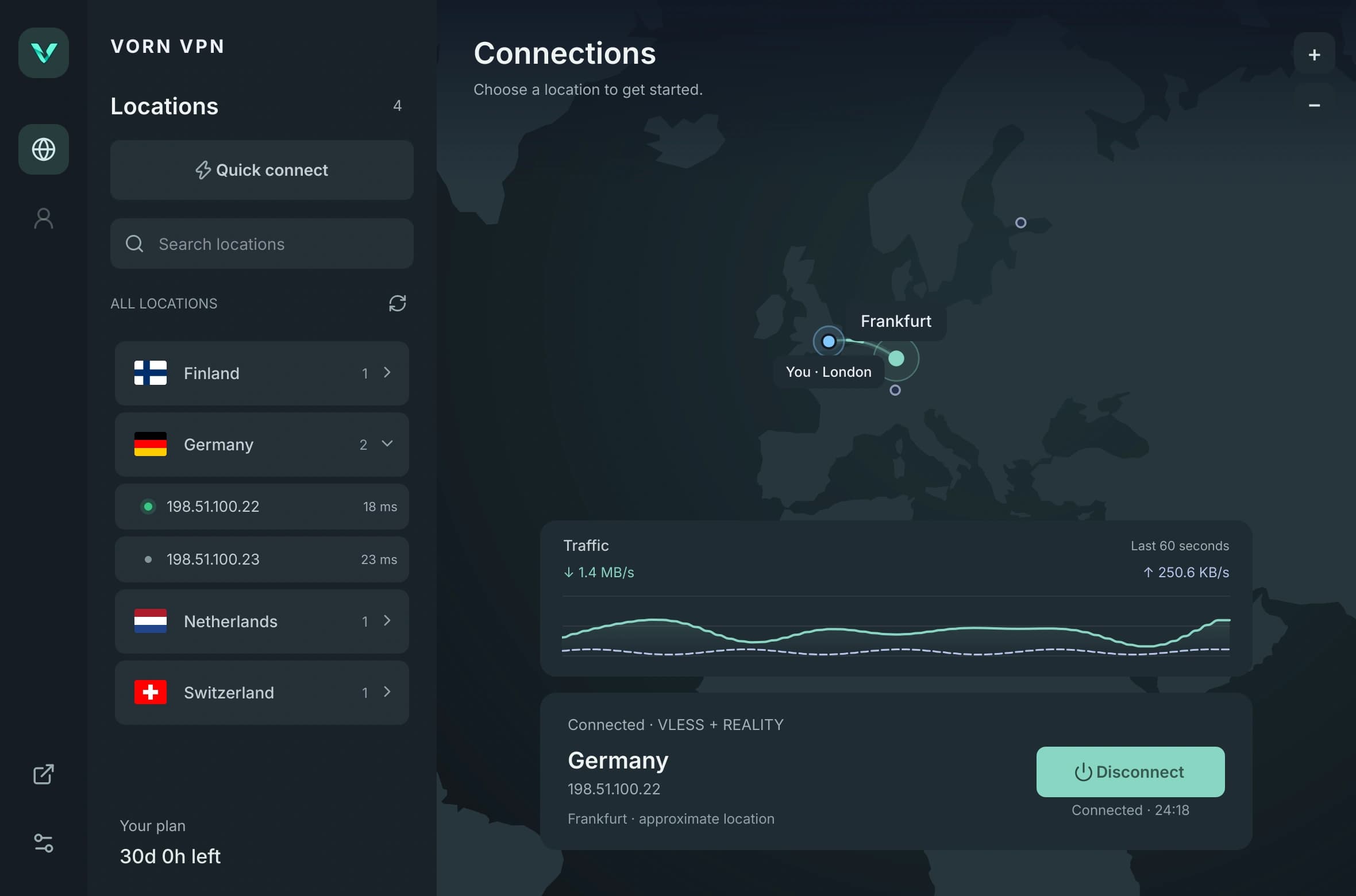 Connections screen of the Vorn VPN Windows application. Demonstration data.